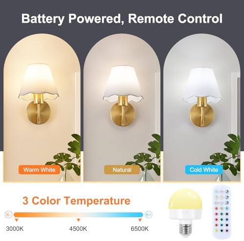 ADISUN Battery Operated Wall Sconce Set of 2, Gold Wall Lamps Rechargeable Bulbs for Living Room, White Rattan Shade, Wireless Wall Lights for Bedroom Living Room Hallway Kitchen(2 Bulbs Included) - Image 3