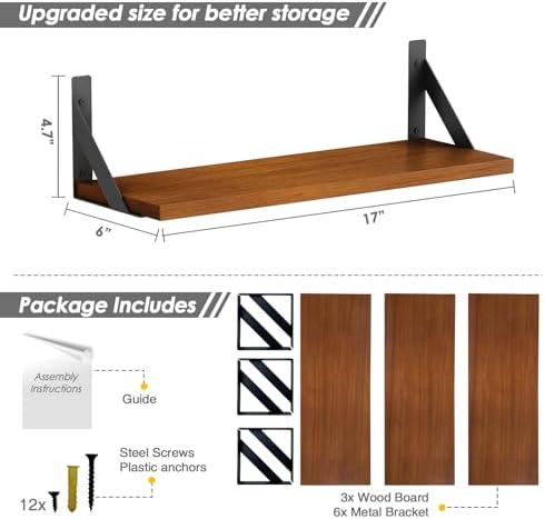 Forbena Walnut Brown Wall Bookshelf for Bedroom, Wooden Floating Book Shelves for Office, Small Wall Shelving Unit for Living Room Nursery Kitchen Bathroom Kids Room (Walnut Color) - Image 3
