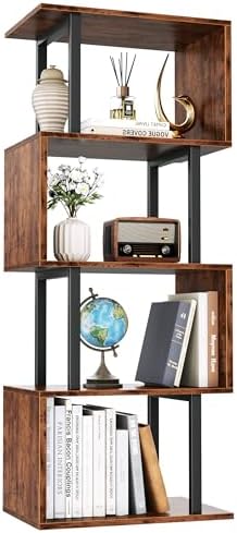 Furologee 5 Tier Bookshelf, S Shaped Geometric Bookcase, Rustic Brown by Furologee
