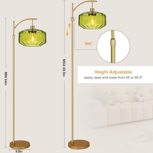 Gold Floor Lamps for Living Room Bedroom,Glass Floor Lamp with Remote Control & Green Lampshade,Arc Dimmable Floor Lamp Mid Century Modern Standing Lamp Vintage Tall Floor Lamps for Bedroom Corner - Image 6