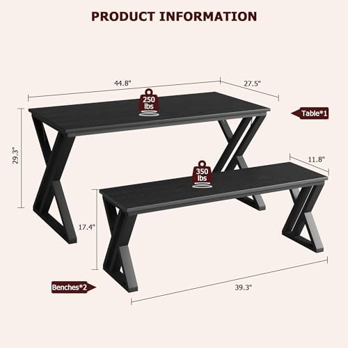 CABIHOME Space-Saving Rectangular Dining Table Set for 4 – Includes Table and 2 Benches – Durable x-Shaped Metal Frame – Perfect for Kitchen, Dining Room, Apartment, or Studio, Black - Image 6
