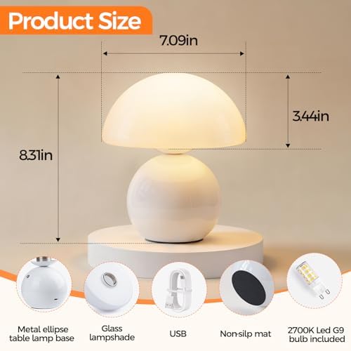 NIORSUN Wireless Mushroom Lamp,Table Lamp for Bedroom, Portables Cordless Lamps,Wireless lamp,Small Bedside Table Touch Lamps for Living Room,Mini Mushroom 5200mAh Battery Operated Lamp Modern (White) - Image 2