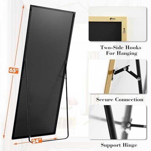 DUMOS Full Length Mirror 24"x 65" for Bedroom, Full Body Mirror with Stand, Hanging or Leaning for Wall, Aluminum Alloy Thin Frame Floor Standing for Living Room, Long, Gold - Image 5