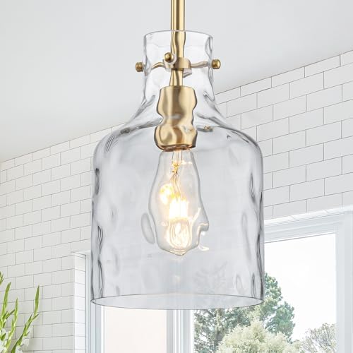 WILON Pendant Light Fixtures,Glass Pendant Lighting for Modern Kitchen Island Adjustable Hanging Ceiling Light 7" Hammered Glass Shade Pendant Lights for Dining Room Kitchen Sink, Gold Metal Finish by WILON