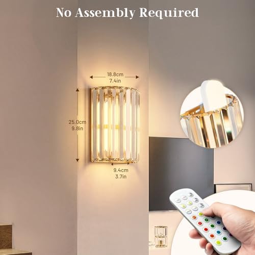Gold Battery Operated Wall Sconces Set of Two, Crystal Wireless Wall Lights with Remote, Rechargeable Cordless Wall Lamps 12 RGB and 3 CCT Dimmable Decor for Bedroom Living Room Hallway - Image 3
