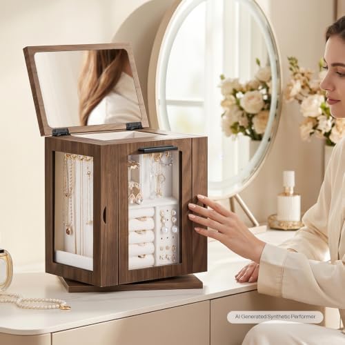 HOOBRO 360° Rotating Jewelry Box with Mirror, Wooden Jewelry Organizer Box - Image 2