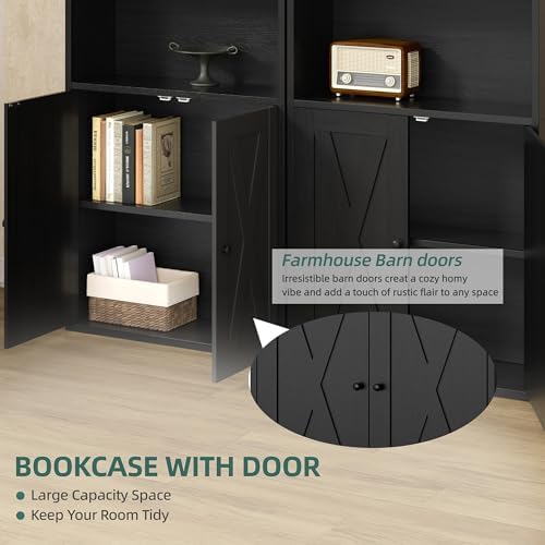 Shintenchi Bookshelf, Industrial Bookshelves and Bookcases with Doors Floor Standing 6 Shelf Display Storage Shelves 70.9 inches Tall Bookcase for Home Office, Living Room (Black) - Image 6