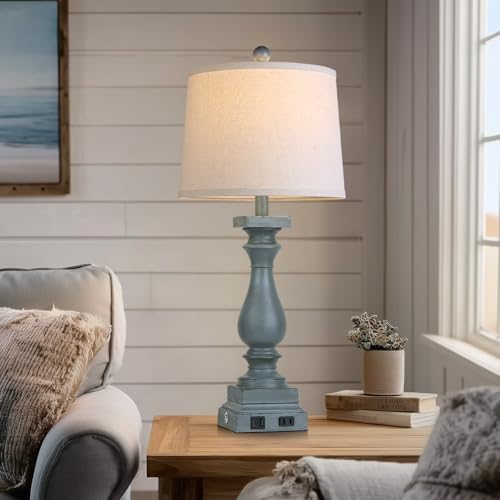 28" Tall Farmhouse Table Lamp with USB C+A Ports and AC Outlet, 3 Way Touch Control Rustic Bedside Lamp for Bedroom, Blue Vintage Nightstand Lamp for Living Room Office - Image 4