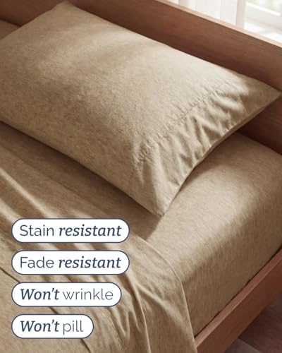 Twin Size 3 Piece Sheet Set - Breathable & Cooling Sheets - Heathered Tan - Image 5