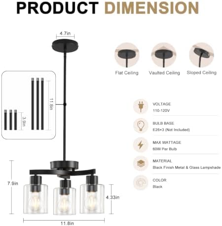 3 Light Black Dining Room Chandelier, Modern Industrial Pendant Light for Kitchen Island, Adjustable Height Hanging Ceiling Light Fixture with Clear Glass Shades,E26 Base,Dimmable - Image 4