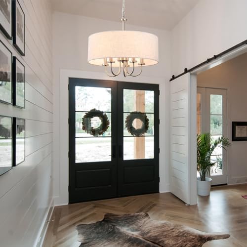 Drum Modern Chandeliers for Dining Room Light Fixture 5 Lights Brushed Nickel Chandelier with Linen Lampshade 19” Farmhouse Chandelier Large Pendant Lighting Fixtures for Foyer Entryway Kitchen - Image 6