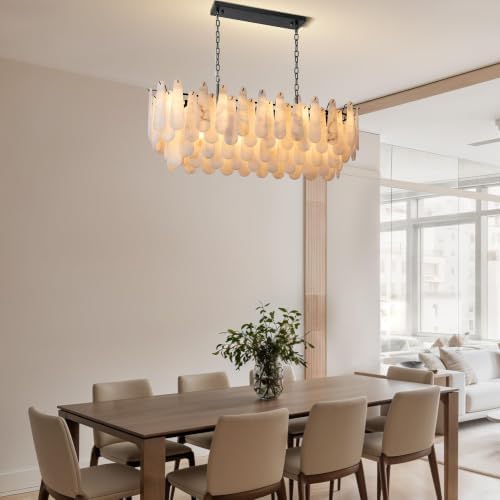 Chandeliers for Dining Room, L47.2 in Modern Alabaster Rectangle Black Chandelier, 4-Tiers Luxury Natural Stone Ceiling Light Fixture, White Marble Chandeliers for Kitchen Island Living Room Bedroom - Image 3