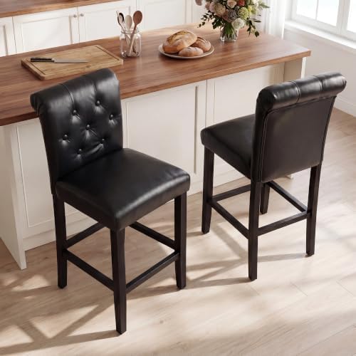 LSSBOUGHT 24 Inches Leather Counter Height Stools Set of 2 with Solid Wood Legs Bar Chairs for Kitchen lsland & Dining Room(Black,2PCS) - Image 7