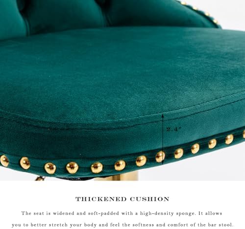 SoarFlash Velvet Bar Stool Set of 4, Adjustable Swivel Bar Stools with Gold Plated Metal Leg, Button Tufted, Footrest, Chrome Nailhead, Counter Height Chair for Kitchen, Bar, Dining Room (Green) - Image 6