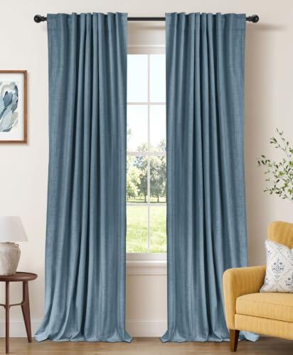 Faux Linen Total Blackout Curtains for Bedroom 63 Inches Long, Stone Blue by 100BlackoutShield