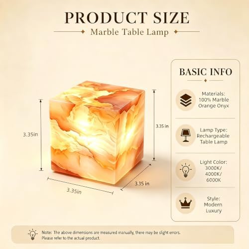 Marble Lamp Luxury Stone Table Lamp Type-C Rechargeable Touch Night Light Small Bedside Lamp Cordless Ambient Light for Home Decor, Bedroom, Living Room & Office (Red Ice Jade) - Image 2