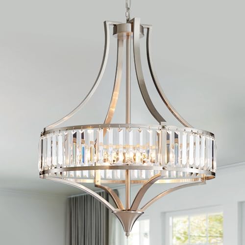 21.6" Brushed Nickel Chandeliers for Dining Room, Rustic Farmhouse Crystal Chandelier with Round Metal Shade, Modern 6-Light Large Light Fixture for Hallway, Bedroom, Foyer by Majhoiw