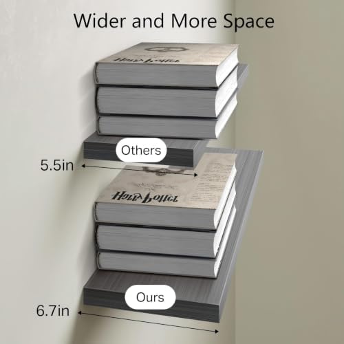 BAYKA Floating Shelves for Wall, Wall Mounted Rustic Wood Shelves for Bathroom, Bedroom, Living Room, Kitchen,Small Hanging Shelf for Books/Storage/Room Decor (Grey, Set of 3, 15.7in) - Image 3