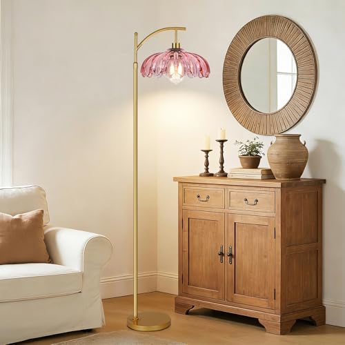 QIYIZM Pink Floor Lamp for Living Room,Bedroom,Gold Dimmable Standing Lamp with Remote,Mid Century Modern Brass Tall Lamp Boho Floor Lamps Arc Stained Glass Flower Floor Light Lamp Girls kids Bohemian - Image 3