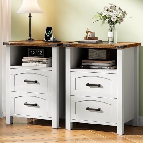 Decofy Farmhouse Nightstand Set of 2 with Charging Station, 2 Drawers by Decofy