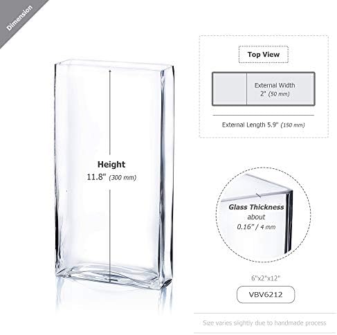 WGV Tall Rectangle Block Vase, Width 6", Length 2", Height 12", Clear Glass Floral Container Wedding Party Event Home Office Decor, 1 Piece - Image 2