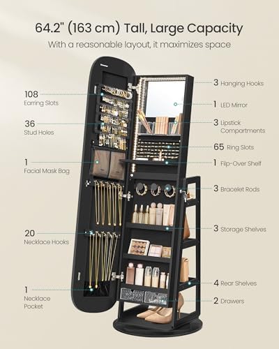 SONGMICS LED Jewelry Cabinet, 360° Swivel, Lockable, Full-Length Mirror - Image 4