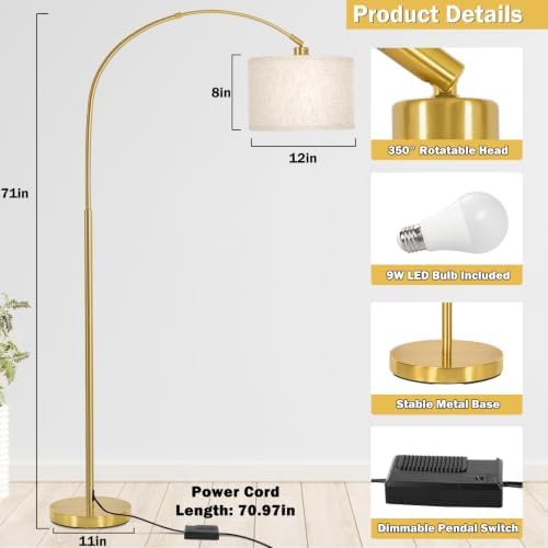 Gold Arc Floor Lamp with Dimmer, Dimmable Floor Lamp with Adjustable Head - Image 2