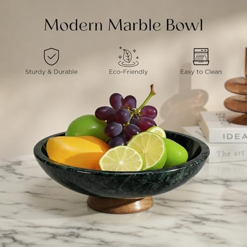 SAMAH Green Marble Fruit Bowl with Acacia Wood Pedestal, Large Decorative Marble Bowl, Natural Stone Fruit Bowl for Kitchen Counter, Entryway, Keys, Dining Table, House Warming Gifts New Home(11Inch) - Image 6