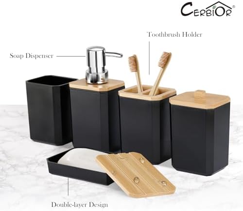CERBIOR Bamboo Bathroom Accessories Set 7 Piece Bath Ensemble,Black - Image 5