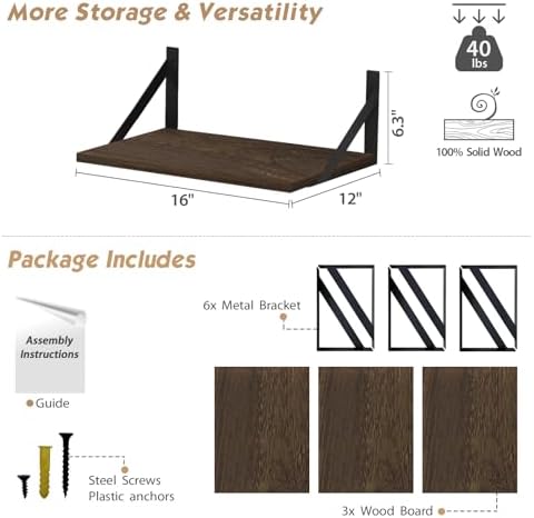 Forbena 12 Inch Deep Floating Shelves for Wall Set of 3, Wooden Wall Bookshelf for Bedroom Books, Rustic Wood Hanging Bookshelves for Bathroom Living Room Office Storage (Dark Brown) - Image 2
