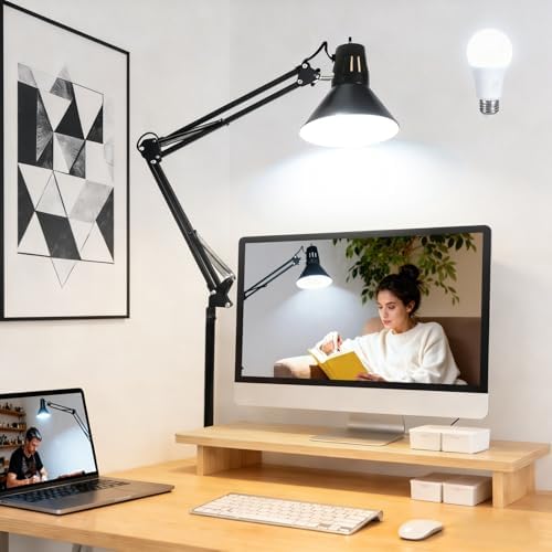 Black Desk Lamp with Clamp, Extra-Tall Adjustable Metal Swing Arm, 5000K by Coospider