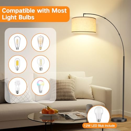OUTON 81" Arc Floor Lamp, 12W 1080LM LED Dimmable Floor Lamp with 16" Beige Lampshade, Remote Control & Foot Switch, 4 Colour Temperatures, Tall Standing Lamp for Living Room Bedroom Office, Black - Image 7