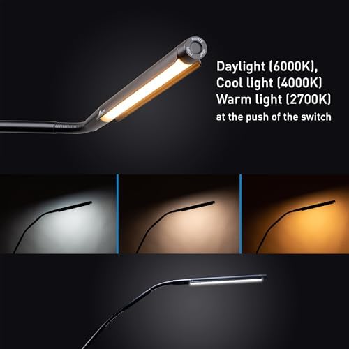 Electra Table Lamp: 3 Color Temperatures (Daylight 6000K/Cool 4000K/Warm 2700K), 95+ CRI LED, Dimmer Switch, Flexible Arm, Desk Lamp for Artists, Crafts & Office (Black, 2500 Lux at 12") - Image 6