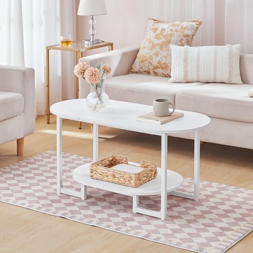 HOOBRO Coffee Table for Living Room, Oval Small Coffee Table with 2-Tier Open Storage Shelf, Industrial Cocktail Tea Table, Wooden Desktop Center Table, Farmhouse, Home Office, White WW09KF01 - Image 5