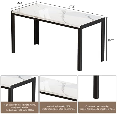 Dining Room Table Set with 2 Benches, Dining Table Set for 4-6, Dinner Table Set for 4, Faux Marble Breakfast Table Set & PU Leather Upholstered Benches for Small Spaces, Apartment, White - Image 4