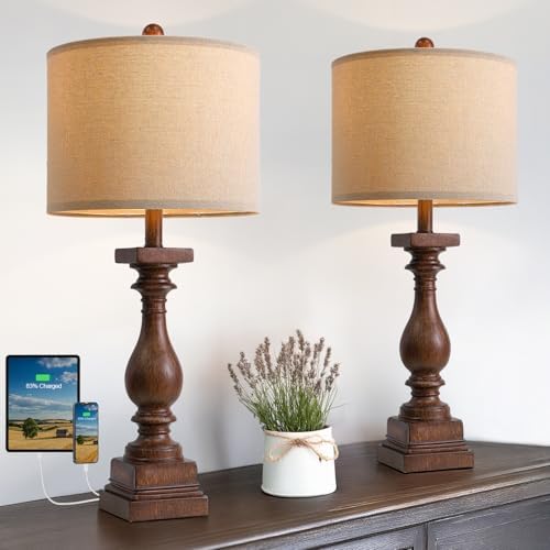 BOBOMOMO 27" Farmhouse Living Room Lamps with USB-A +C Ports, Vintage Rustic Bedside Night Stand Lamps Set of 2, Linen Shade, Retro Side Table Lamps for Living Room, Bedroom (Blubs not Included) by BOBOMOMO