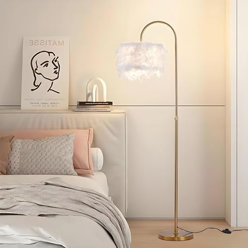 Arc Feather Floor Lamp, Gold Modern LED Feather Standing Lamp, Natural Feather Decorative Tall Lamp with Foot Switch, Brass/Gold Finish, for Living Room Bedroom Office Shop Window - Image 3