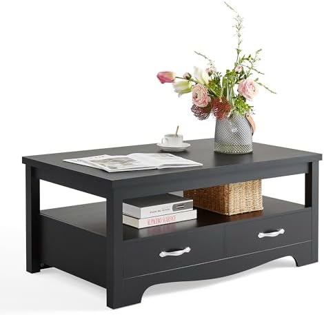 LINSY HOME Farmhouse Coffee Table with Storage, Wood Coffee Table for Living Room, Open Display Area and Storage Drawers with Metal Handles, Chic Style with Curved Base, Black by LINSYHOME