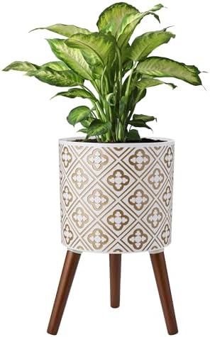naclto 10 Inch Planter with Stand, Plant Pot for Indoor Plants, Large Modern Flower Pots Indoor Outdoor with Drainage for Home Garden Patio, White ＆ Gold by nacltlo