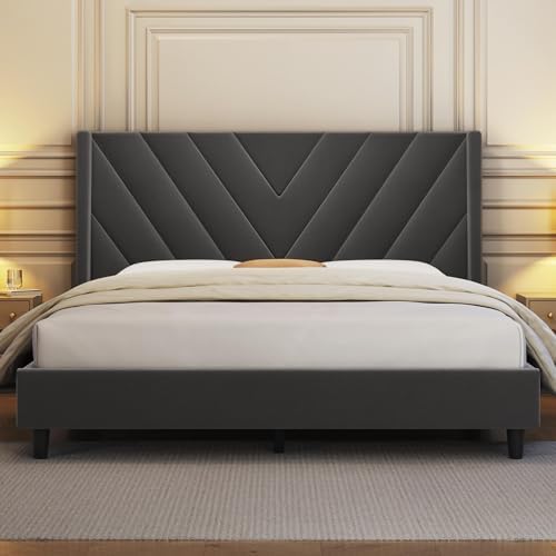 Yaheetech Full Bed Frame with Chevron Channel-Tufted Headboard, Dark Gray by Yaheetech