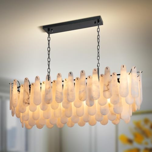 Chandeliers for Dining Room, L47.2 in Modern Alabaster Rectangle Black Chandelier, 4-Tiers Luxury Natural Stone Ceiling Light Fixture, White Marble Chandeliers for Kitchen Island Living Room Bedroom by OSRoyce