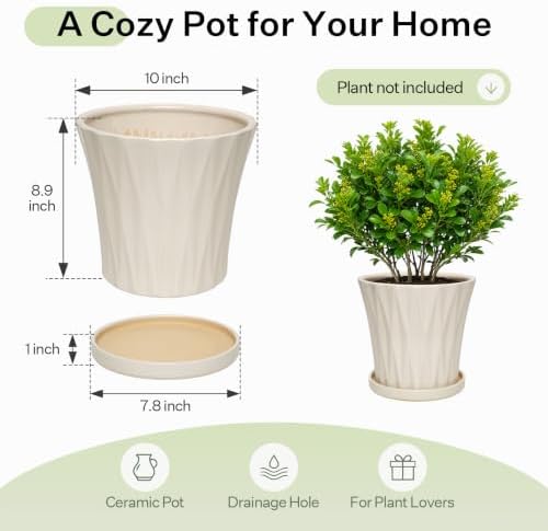 10 Inch Ceramic Planters with Drainage Hole and Saucer,Indoor Outdoor Large Flower Pots, Garden Pot for Plant Lovers (White) - Image 6