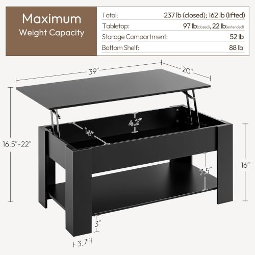 Yaheetech Black Lift Top Coffee Table with Storage for Living Room, 38.6" - Image 3
