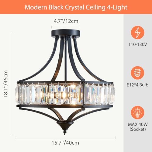 Black Crystal Chandelier Semi Flush Mount Ceiling Light Fixture Round Rustic Farmhouse 4-Light Mid Century Modern Chandelier for Hallway, Bedroom, Foyer, Entryway, Closet - Image 3