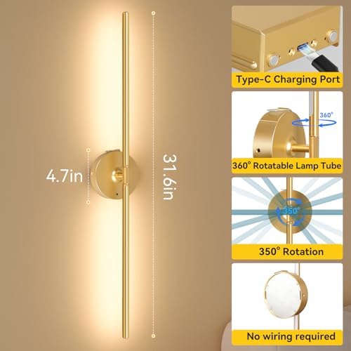 Battery Operated Wall Sconces Set of 2, Remote Control, 8000mAh, Gold - Image 5