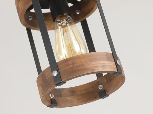 2 Pack Rustic Farmhouse Wood Pendant Light Fixture One-Light Adjustable Chain Oak Wood and Metal Drum Cage Small Pendant Lighting for Kitchen Island Sink Hallway Farmhouse Bathroom Bar, Black - Image 5