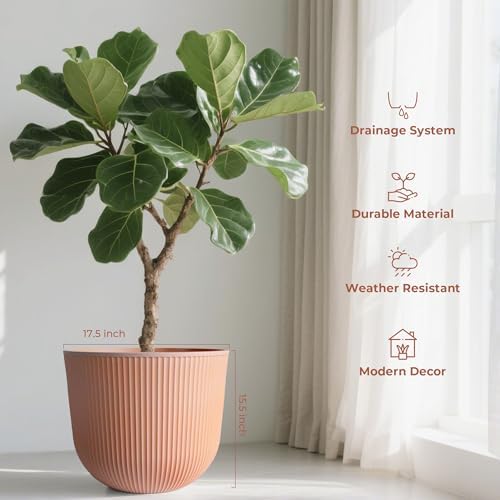 Worth Garden Round Large Planter Pot 1-Pack, 17.5" Dia x 15.5" H - Durable Plastic Terracotta Plant Tree Pots with Vertical Stripe Textured Finish, Drainage Hole for Indoor Outdoor Front Porch Patio - Image 2