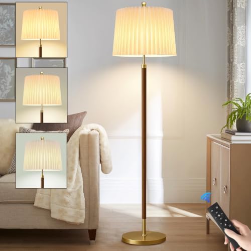 AHDWDW Gold Floor Lamp for Living Room,Mid-Century Modern Floor Lamps with Remote,Farmhouse Boho Floor Light with Dual Fabric Shade,Dimmable Standing Tall Lamp for Bedroom Corner Reading Office by EnjoyingABetterLife