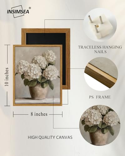 InSimSea Framed Canvas Wall Art Vintage Decor, Hydrangea Floral Pictures Bathroom Wall Decor Aesthetic, Living Room Bedroom Flower Home Retro Decorations, 8"x10" - Image 4