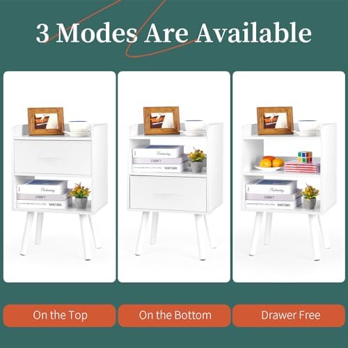 Yoobure Modern Nightstand with Drawer, Bedside Tables, Mid Century Nightstands with Open Storage Shelf, Wood Bedside Table, Small Night Stands for Bedrooms, 2-Tier Night Table - Image 6